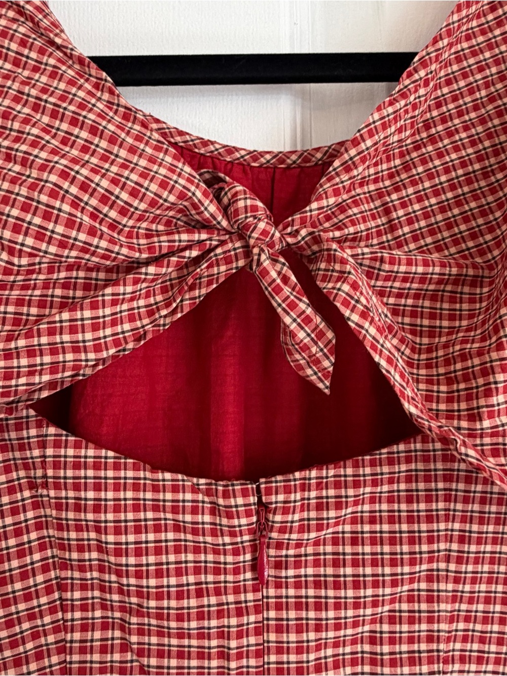 Madewell NWOT Red Gingham Embroidered Puff Sleeve Bow Back Midi Dress Size 10 - Picture 6 of 10